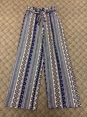 Pink Republic Blue & White Wide Leg Geometric Printed Palazzo Pants Size XS